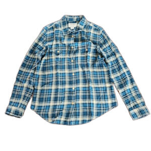 FILSON Women's Cotton Plaid Long Sleeve Button Down Shirt, Blue/Tan Plaid, Sz L